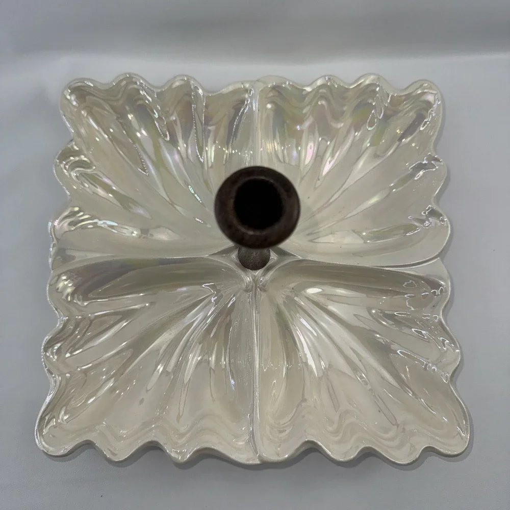 Vintage Maddux Ceramic Tidbit Tray: Iridescent with Wood Centerpiece MCM